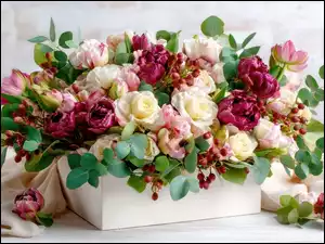 Róże, Piwonie, AI, Kwiaty, Materiał, Skrzynka, Liście