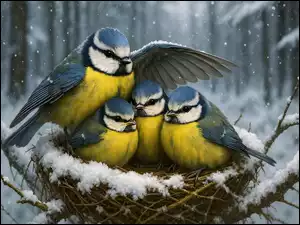 Modraszka zwyczajna ochraniajaca skrzydłem przed śniegiem pisklęta w gniazdku na gałęzi