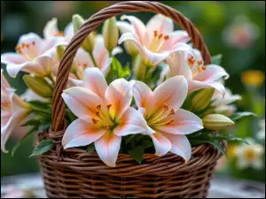 Pąki, Koszyk, Lilie, Biało-pomarańczowe, Wiklinowy