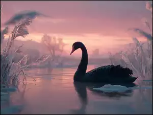 Czarny łabędź obok oszronionych traw na jeziorze na tle kolorowego nieba