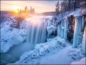 Zachód słońca, Skały, Śnieg, Zima, Drzewa, Rzeka, Wodospad