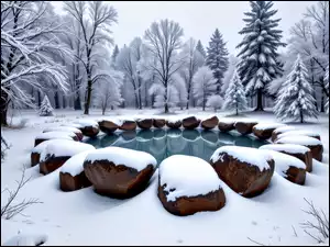 Drzewa, Polana, Grafika AI, Zima, Las, Kamienie, Woda