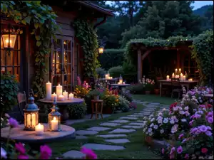 Rośliny, Zapalone, Świece, Stoliki, Dom, Ogród, Kolorowe, Altanka, Kwiaty, Lampiony