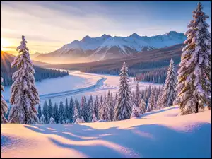 Drzewa, Zima, Góry, Grafika AI, Dolina, Wschód słońca