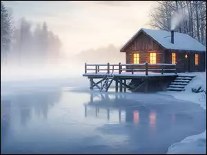 Ośnieżone drzewa i dom z tarasem na brzegu zamarzniętej rzeki w porannej mgle