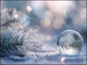 Gałązka jodły w szklanej kuli na śniegu obok ośnieżonej gałązki jodły