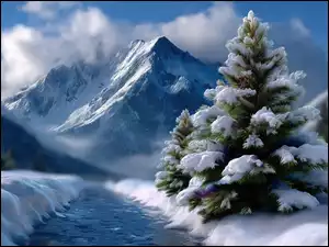 Drzewa, Grafika AI, Rzeka, Zima, Góry