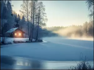 Jezioro, Lód, Śnieg, Zima, Dom, Drzewa, Mgła