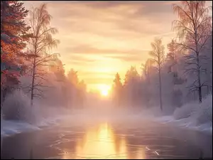 Rzeka, Mgła, Wschód słońca, Zima, Las, Drzewa, Oszronione