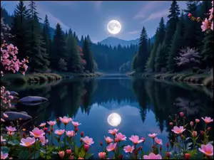 Jezioro, Góry, Księżyc, Odbicie, Kwiaty, Drzewa