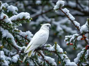 Papuga, Biała, Śnieg, Grafika AI, Gałęzie, Zima