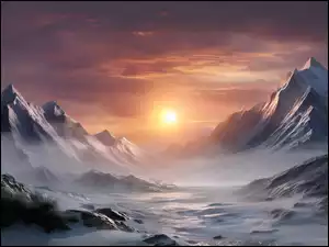 Mgła, Grafika AI, Góry, Zima, Zachód słońca