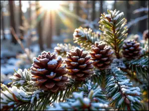 Gałązka, Sosna, AI, Zima, Las, Śnieg, Szyszki