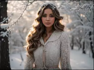 Kobieta, Zima, Sukienka, Śnieg, Długowłosa, Las