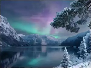 Jezioro, Zima, Góry, Grafika AI, Drzewa, Zorza polarna