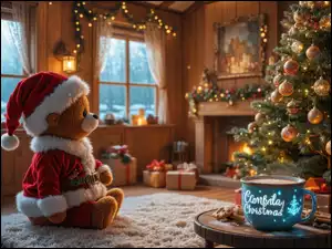 Stolik, Pluszowy miś, Filiżanka, AI, Kominek, Boże Narodzenie, Płaszczyk, Prezenty, Czapka, Udekorowana, Choinka, Okna