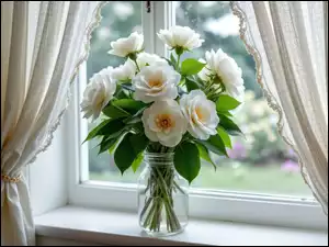 Białe kamelie w wazonie na parapecie okna