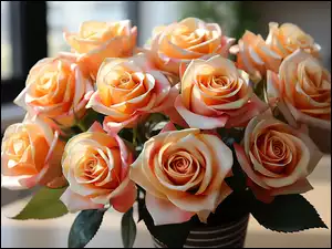 Róże, Wazon, Brzoskwiniowe, Kwiaty, Bukiet