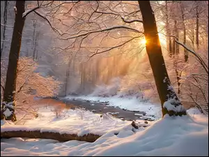 Przebijające światło między oszronionymi drzewami nad strumieniem w zimowym lesie