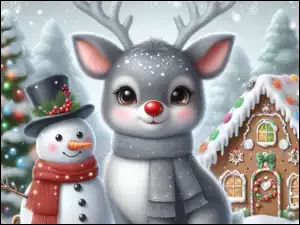 Choinka, Bałwanek, Piernik, AI, Zima, Świąteczne, Szalik, Domek, Kapelusz, Renifer, Szalik, Śnieg