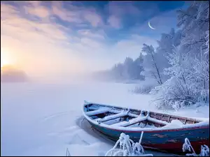 Ośnieżona łódka i drzewa nad zamarzniętym i zaśnieżonym jeziorem w porannej mgle