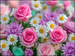Różowe, Róże, Astry, Kwiaty, Fioletowe, Stokrotki, Białe