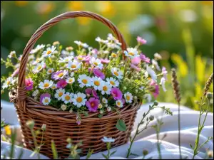 Drobne, Koszyk, Białe, Różowe, Kwiaty