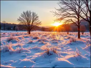 Ośnieżona, Zima, Drzewa, Grafika AI, Łąka, Wschód słońca