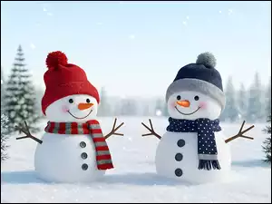 Dwa, Zima, Ośnieżone, Śnieg, Bałwany, Drzewa