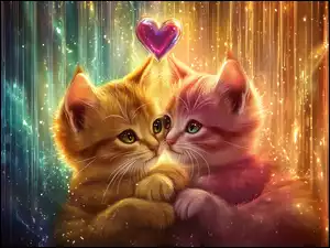 Koty, Grafika, Dwa, Przytulone, Serce