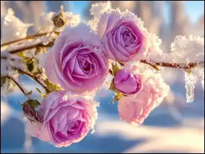 Róże, Grafika AI, Kwiaty, Ośnieżone, Lód