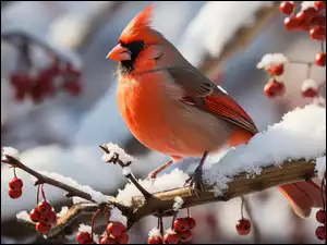 Kardynał szkarłatny, Ptak, Gałązki, Owoce, Śnieg, Czerwone