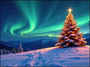 Zima, Góry, Choinka, Zorza polarna, Boże Narodzenie, Drzewa