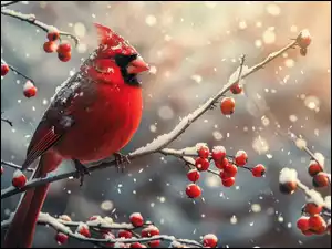 Kardynał szkarłatny, Ptak, Gałązki, Owoce, Ośnieżone, Czerwone