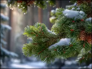 Świerk, Gałąź, Szyszki, Grafika AI, Śnieg, Zima