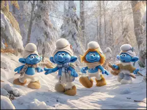 Cztery smerfy w słonecznym zimowym lesie