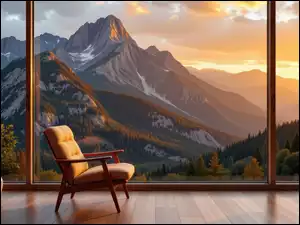Góry, Pokój, Okno, Drzewa, Fotel, Widok, Zachód słońca, Wazon
