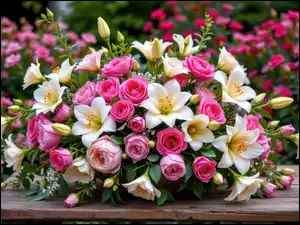 Stolik, Kwiaty, Piwonie, Ogród, Róże, Bukiet, AI, Lilie