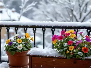 Oprószone śniegiem kolorowe bratki w donicyi na ośnieżone skrzyni na balkonie w zimowej scenerii
