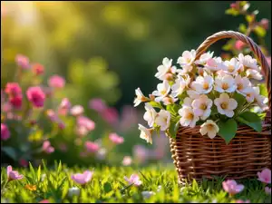 Różowe, Białe, Wiklinowy, Trawa, Kwiaty, Koszyk