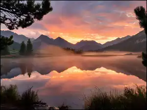 Góry, Grafika AI, Jezioro, Gałęzie, Zachód słońca