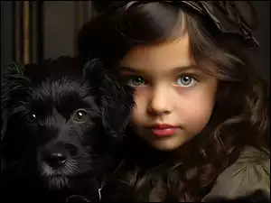 Długowłosa, Dziecko, Czarny, AI, Dziewczynka, Pies