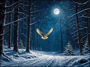 Sowa w locie w blasku księżyca nocą w zimowym lesie