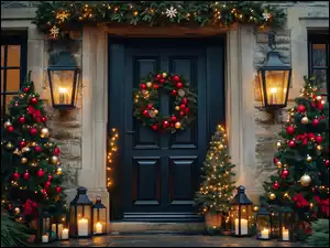 Dom, Boże Narodzenie, Choinki, Grafika AI, Wejście, Lampiony