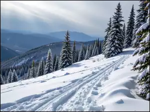 Drzewa, Grafika AI, Zbocze, Zima, Góry