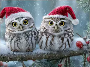 Dwie sowy w czerwonych czapkach na ośnieżonej iglastej gałązki