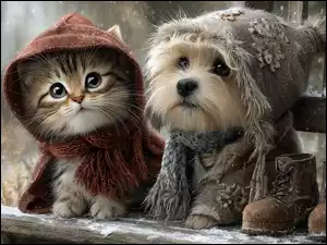 Pis i kot w ciepłych ubrankach na ośnieżonej drewnianej ławce