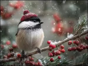 Sikorka czarnogłówka w czerwonej czapeczce na ośnieżonej iglastej gałązce z czerwonymi owocami