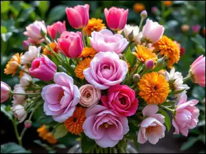 Tulipany, Bukiet, Róże, Kwiaty, Dalie