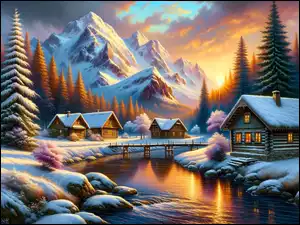 Zachód słońca, Kamienie, Śnieg, Las, Domy, Zima, Most, Rzeka, Drzewa, Góry